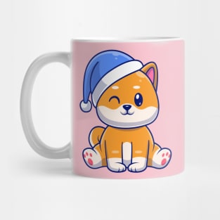 Cute Shiba Inu Dog Winter Sitting With Beanie Hat Cartoon Mug